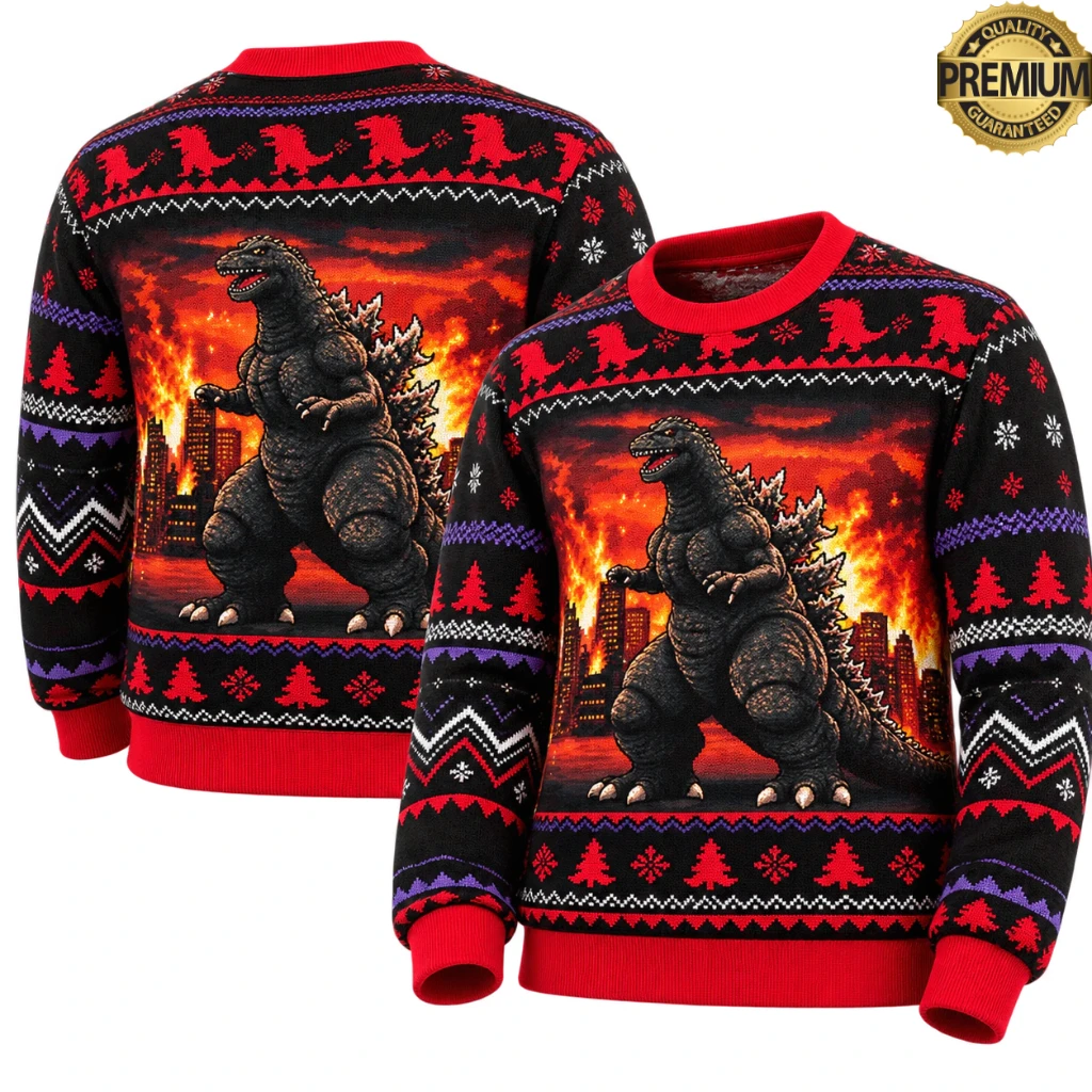Godzilla Burning City Fire Red Moon Christmas Sweater