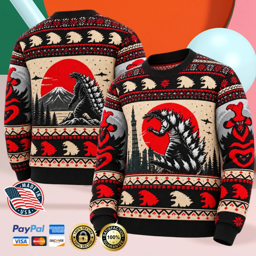 Godzilla Japanese Red Sun Mount Fuji Christmas Sweater