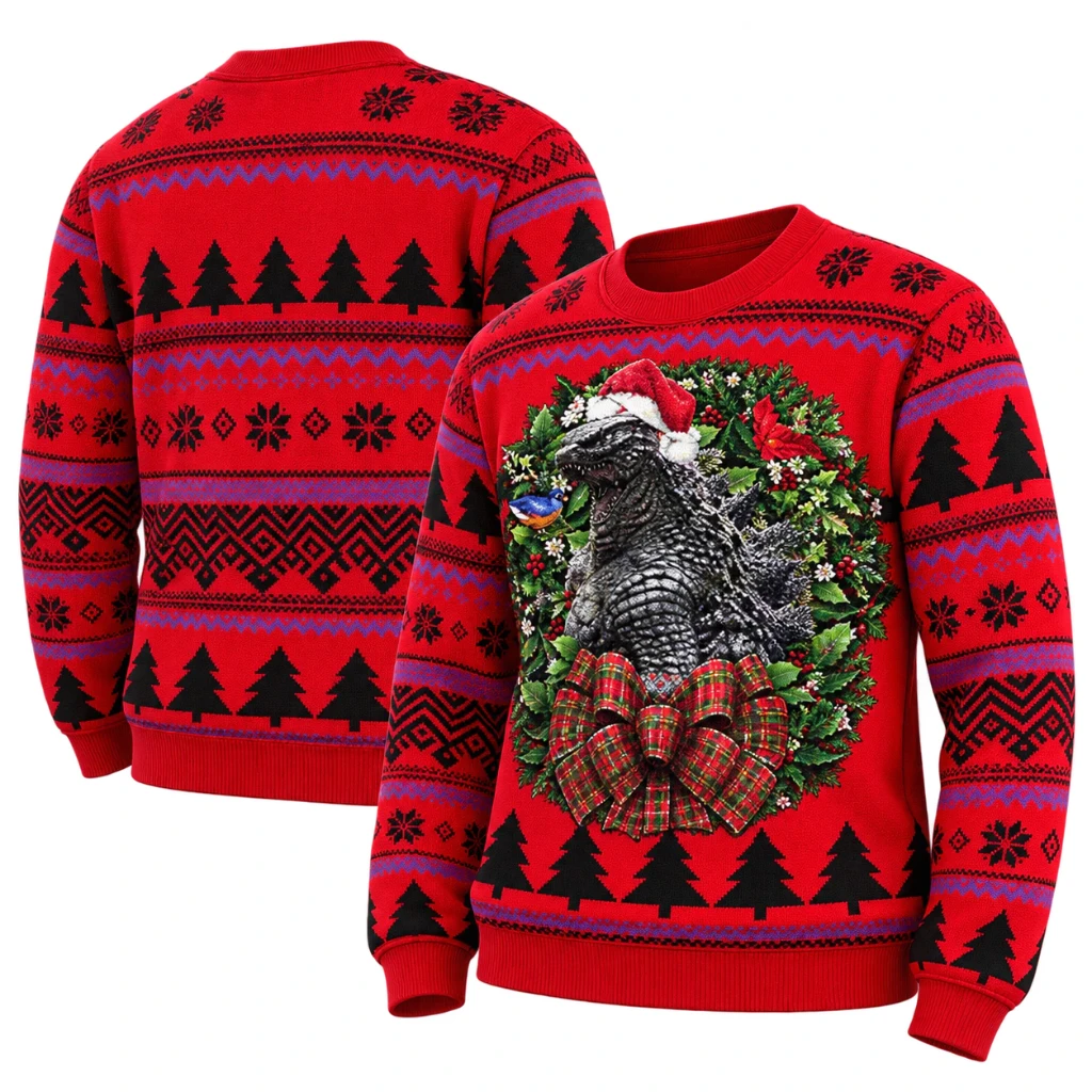Godzilla Santa Claus Christmas Wreath Red Christmas Sweater